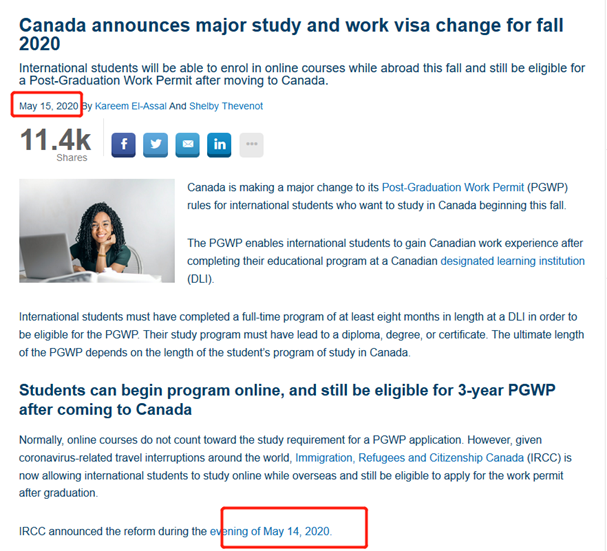 5月14日晚加拿大移民局召开了紧急会议，并于5月15日发布晨报，内容是关于对国际学生工签政策的一项重大变化.jpg
