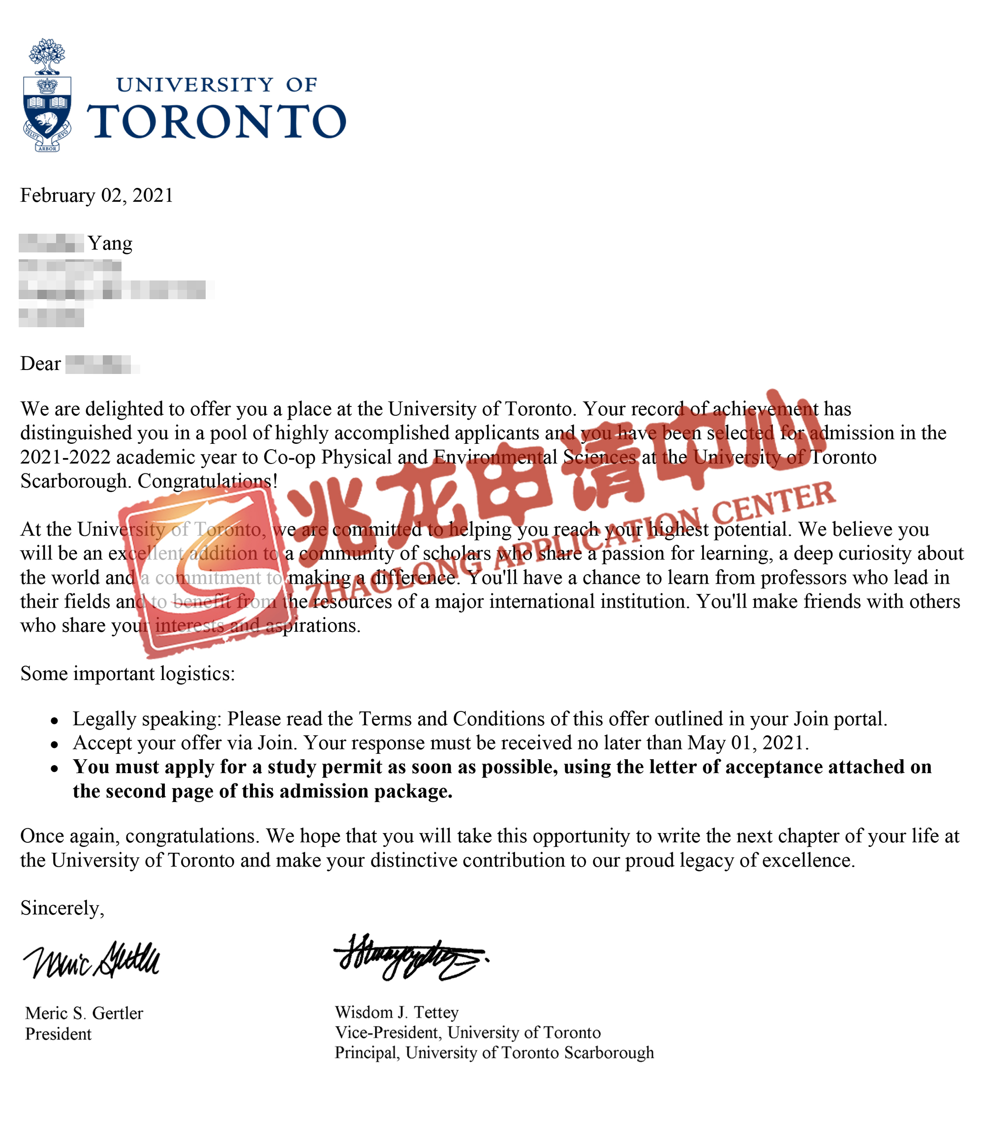 杨chufan-多伦多大学士嘉堡校区-物理与环境科学（Co-op）本科Offer_unlocked-北京兆龙留学.jpg